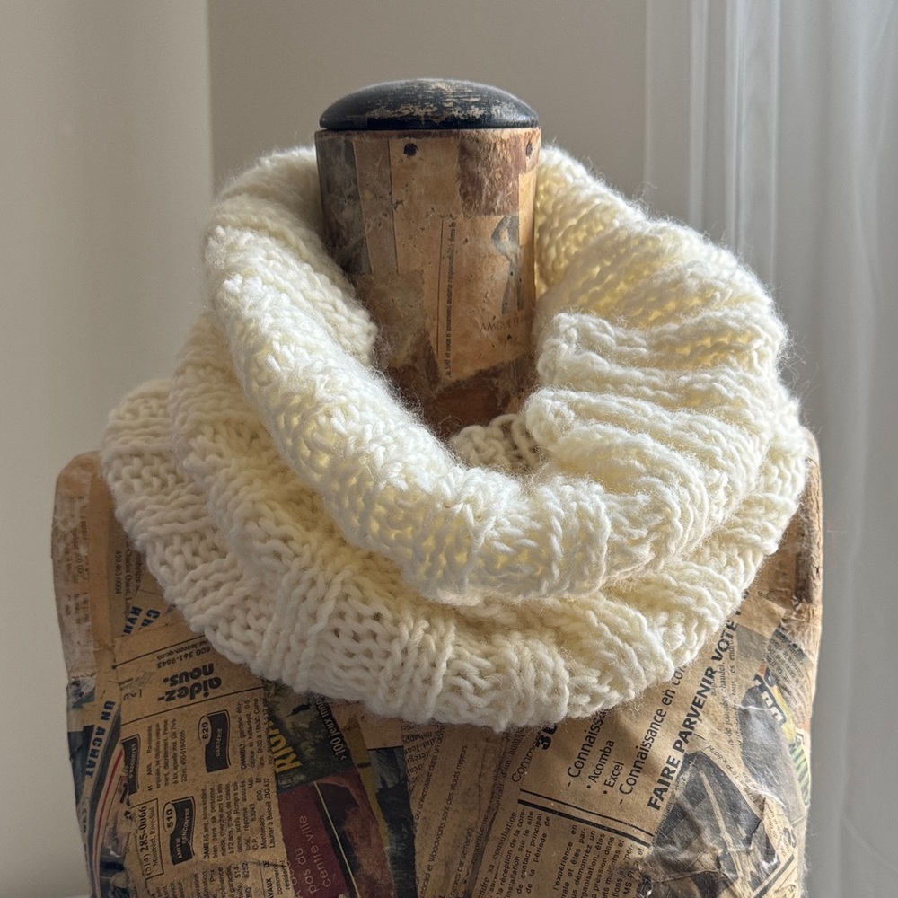 Hand-knit cowl in a soft, buttery-white. NWOT